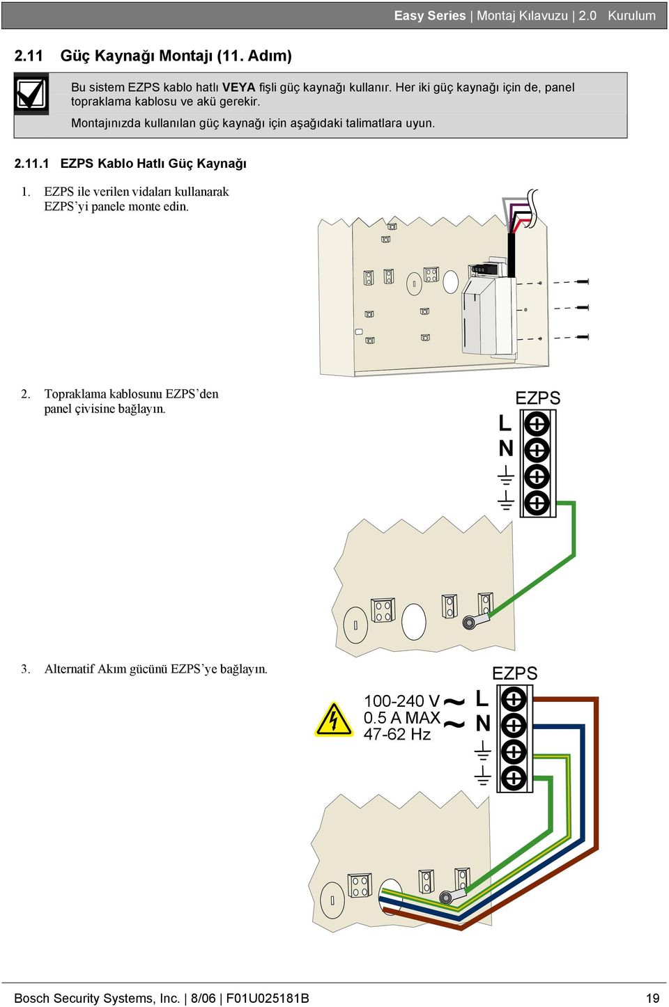.. EZPS Kablo Hatlı Güç Kaynağı. EZPS ile verilen vidaları kullanarak EZPS yi panele monte edin.
