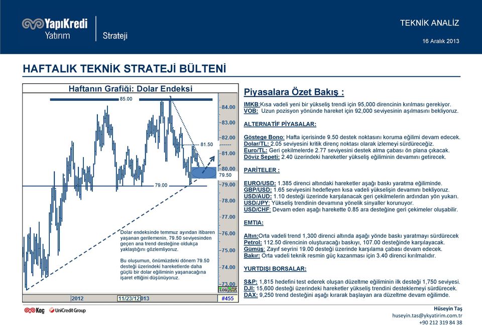 ALTERNATİF PİYASALAR: 81.50 Göstege Bono: Hafta içerisinde 9.50 destek noktasını koruma eğilimi devam edecek. Dolar/TL: 2.05 seviyesini kritik direnç noktası olarak izlemeyi sürdüreceğiz.