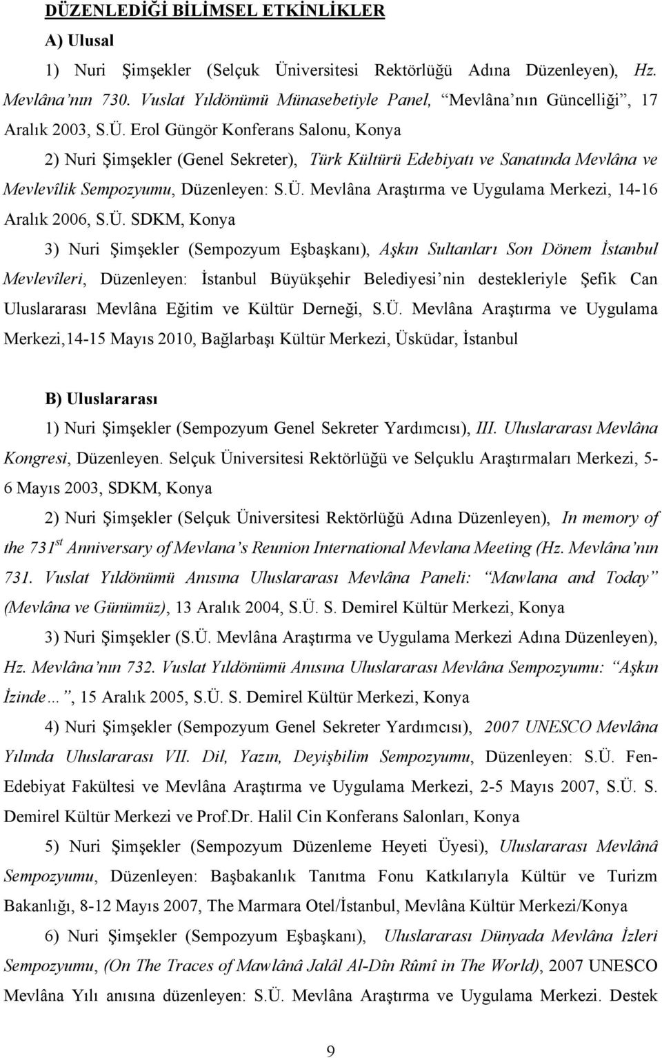 Erol Güngör Konferans Salonu, Konya 2) Nuri Şimşekler (Genel Sekreter), Türk Kültürü Edebiyatı ve Sanatında Mevlâna ve Mevlevîlik Sempozyumu, Düzenleyen: S.Ü.