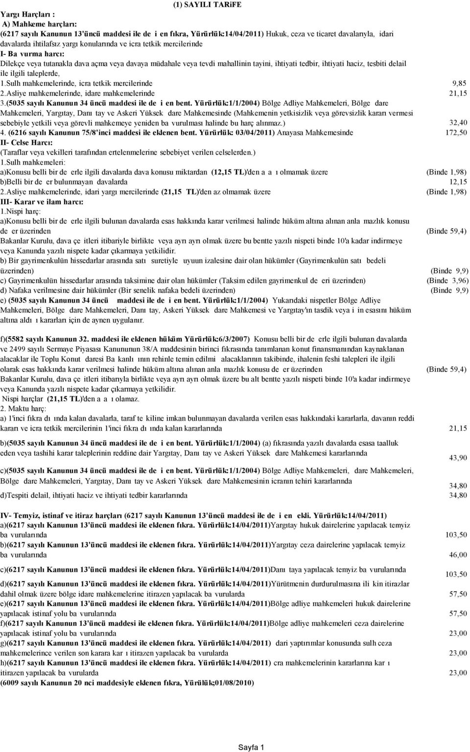 ile ilgili taleplerde, 1.Sulh mahkemelerinde, icra tetkik mercilerinde 9,85 2.Asliye mahkemelerinde, idare mahkemelerinde 21,15 3.(5035 sayılı Kanunun 34 üncü maddesi ile de i en bent.