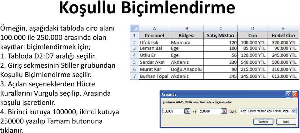 Giriş sekmesinin Stiller grubundan Koşullu Biçimlendirme seçilir. 3.