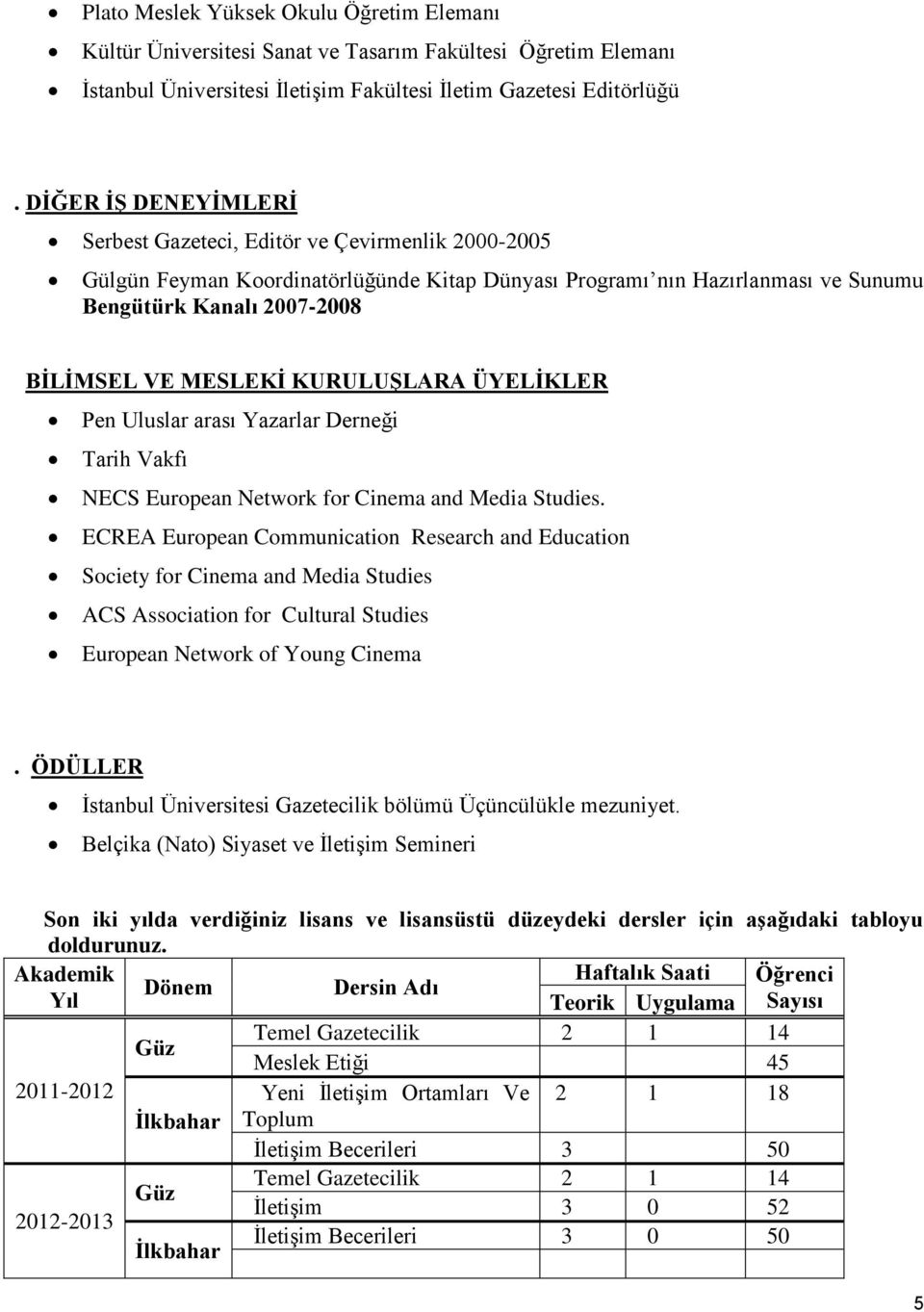 MESLEKİ KURULUŞLARA ÜYELİKLER Pen Uluslar arası Yazarlar Derneği Tarih Vakfı NECS European Network for Cinema and Media Studies.