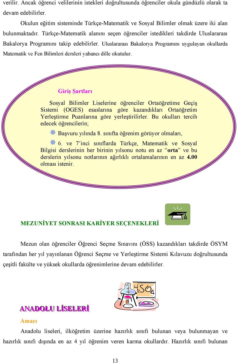 Türkçe-Matematik alanını seçen öğrenciler istedikleri takdirde Uluslararası Bakalorya Programını takip edebilirler.