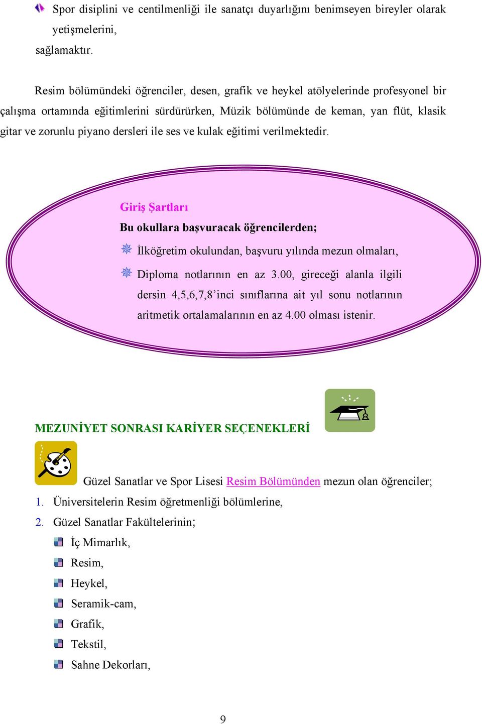 dersleri ile ses ve kulak eğitimi verilmektedir. Giriş Şartları Bu okullara başvuracak öğrencilerden; İlköğretim okulundan, başvuru yılında mezun olmaları, Diploma notlarının en az 3.