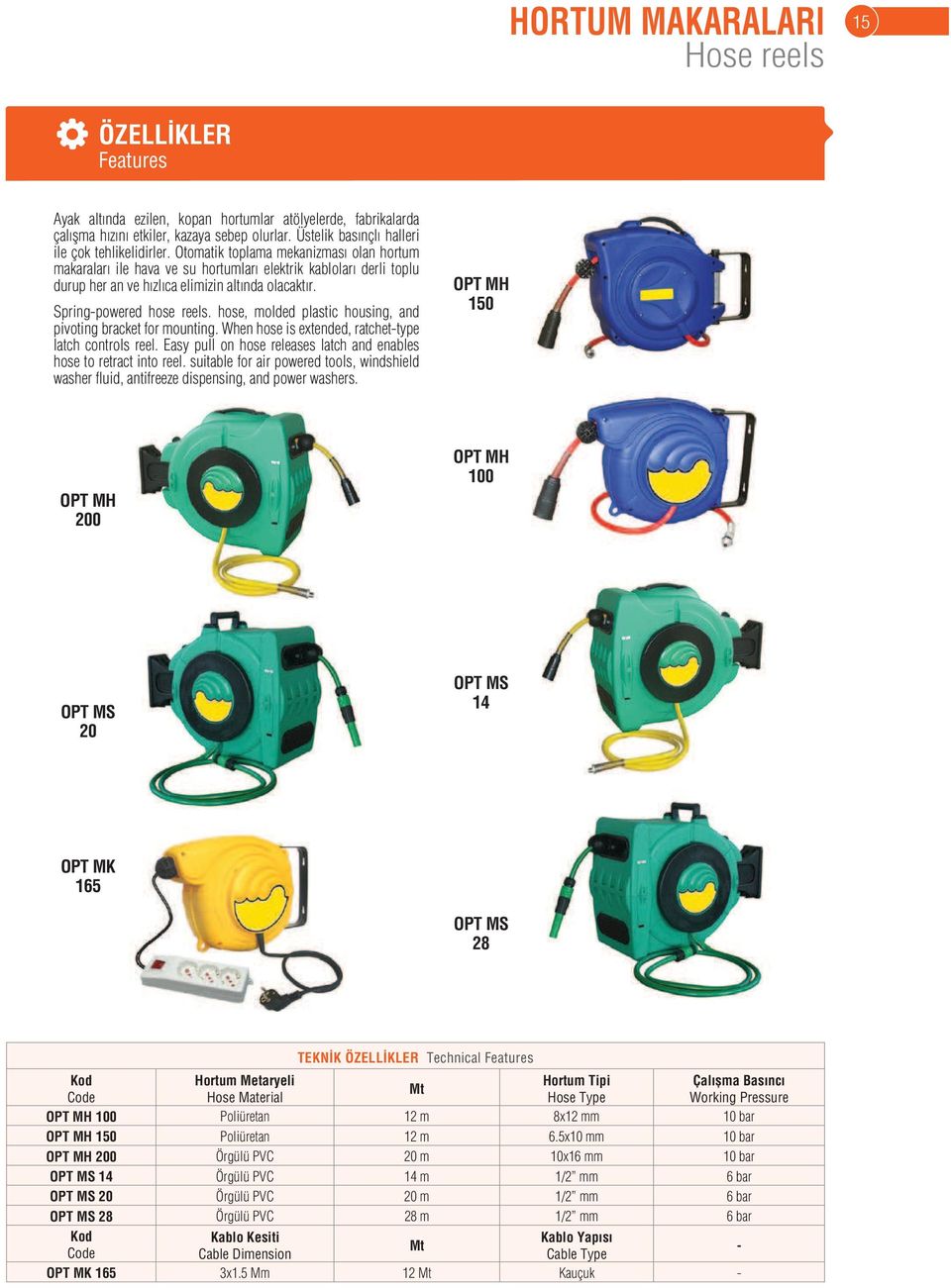 hose, molded plastic housing, and pivoting bracket for mounting. When hose is extended, ratchet-type latch controls reel. Easy pull on hose releases latch and enables hose to retract into reel.