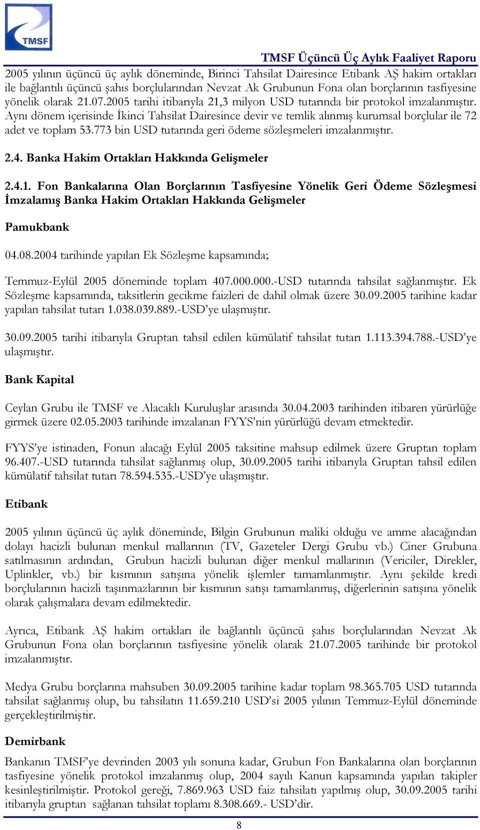 Aynı dönem içerisinde İkinci Tahsilat Dairesince devir ve temlik alınmış kurumsal borçlular ile 72 adet ve toplam 53.773 bin USD tutarında geri ödeme sözleşmeleri imzalanmıştır. 2.4.