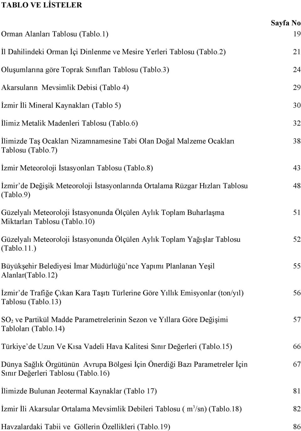 6) 32 İlimizde Taş Ocakları Nizamnamesine Tabi Olan Doğal Malzeme Ocakları Tablosu (Tablo.7) 38 İzmir Meteoroloji İstasyonları Tablosu (Tablo.