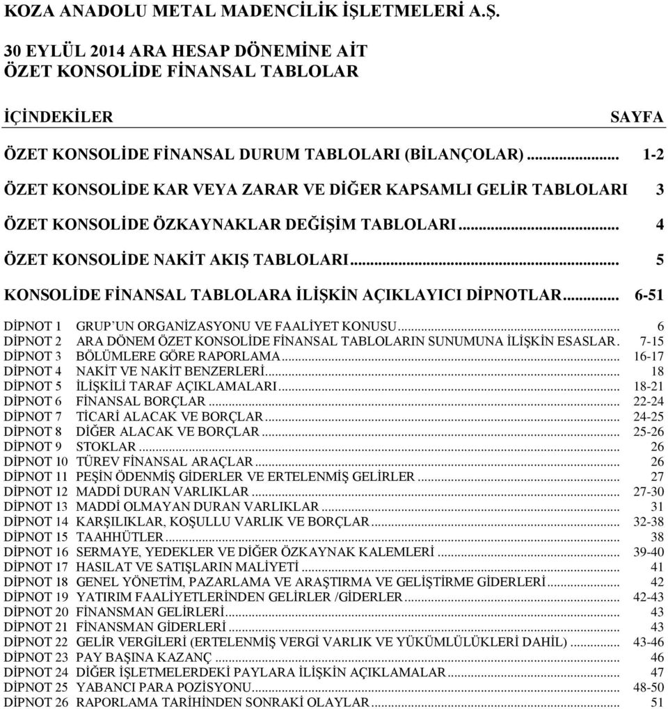 .. 6-51 DİPNOT 1 GRUP UN ORGANİZASYONU VE FAALİYET KONUSU... 6 DİPNOT 2 ARA DÖNEM ÖZET KONSOLİDE FİNANSAL TABLOLARIN SUNUMUNA İLİŞKİN ESASLAR. 7-15 DİPNOT 3 BÖLÜMLERE GÖRE RAPORLAMA.