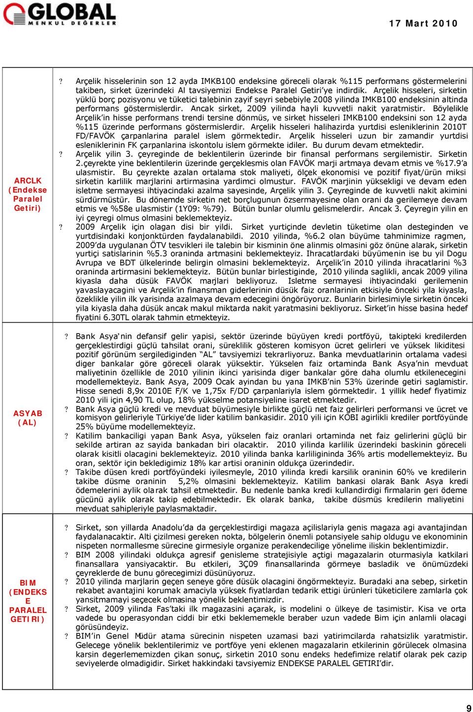 Arçelik hisseleri, sirketin yüklü borç pozisyonu ve tüketici talebinin zayif seyri sebebiyle 2008 yilinda IMKB100 endeksinin altinda performans göstermislerdir.