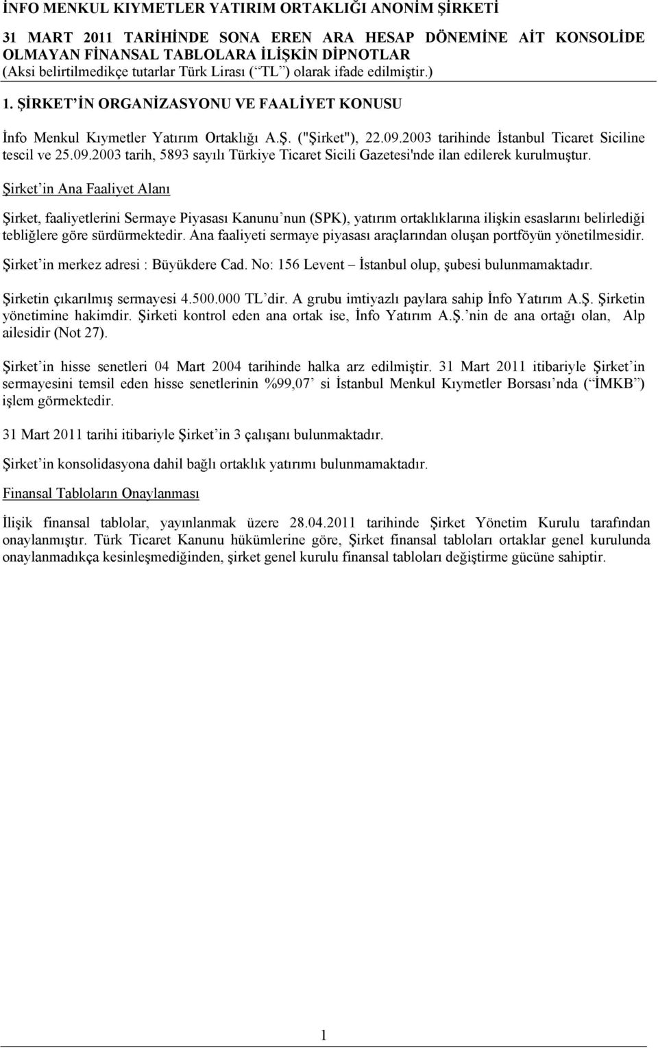 Ana faaliyeti sermaye piyasası araçlarından oluşan portföyün yönetilmesidir. Şirket in merkez adresi : Büyükdere Cad. No: 156 Levent İstanbul olup, şubesi bulunmamaktadır.