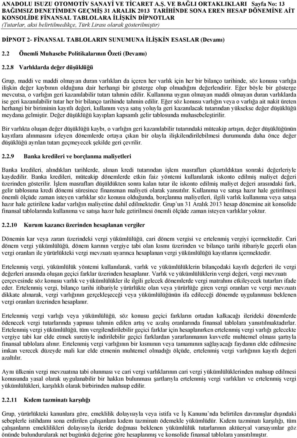 2 Önemli Muhasebe Politikalarının Özeti (Devamı) 2.2.8 Varlıklarda değer düşüklüğü Grup, maddi ve maddi olmayan duran varlıkları da içeren her varlık için her bir bilanço tarihinde, söz konusu