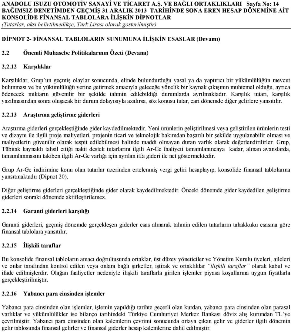 2 Önemli Muhasebe Politikalarının Özeti (Devamı) 2.2.12 Karşılıklar Karşılıklar, Grup un geçmiş olaylar sonucunda, elinde bulundurduğu yasal ya da yaptırıcı bir yükümlülüğün mevcut bulunması ve bu