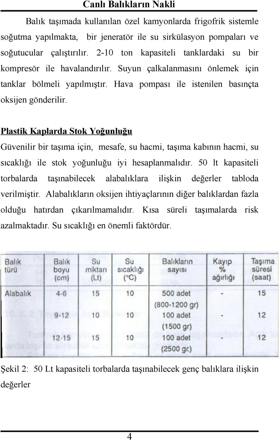 Plastik Kaplarda Stok Yoğunluğu Güvenilir bir taşıma için, mesafe, su hacmi, taşıma kabının hacmi, su sıcaklığı ile stok yoğunluğu iyi hesaplanmalıdır.