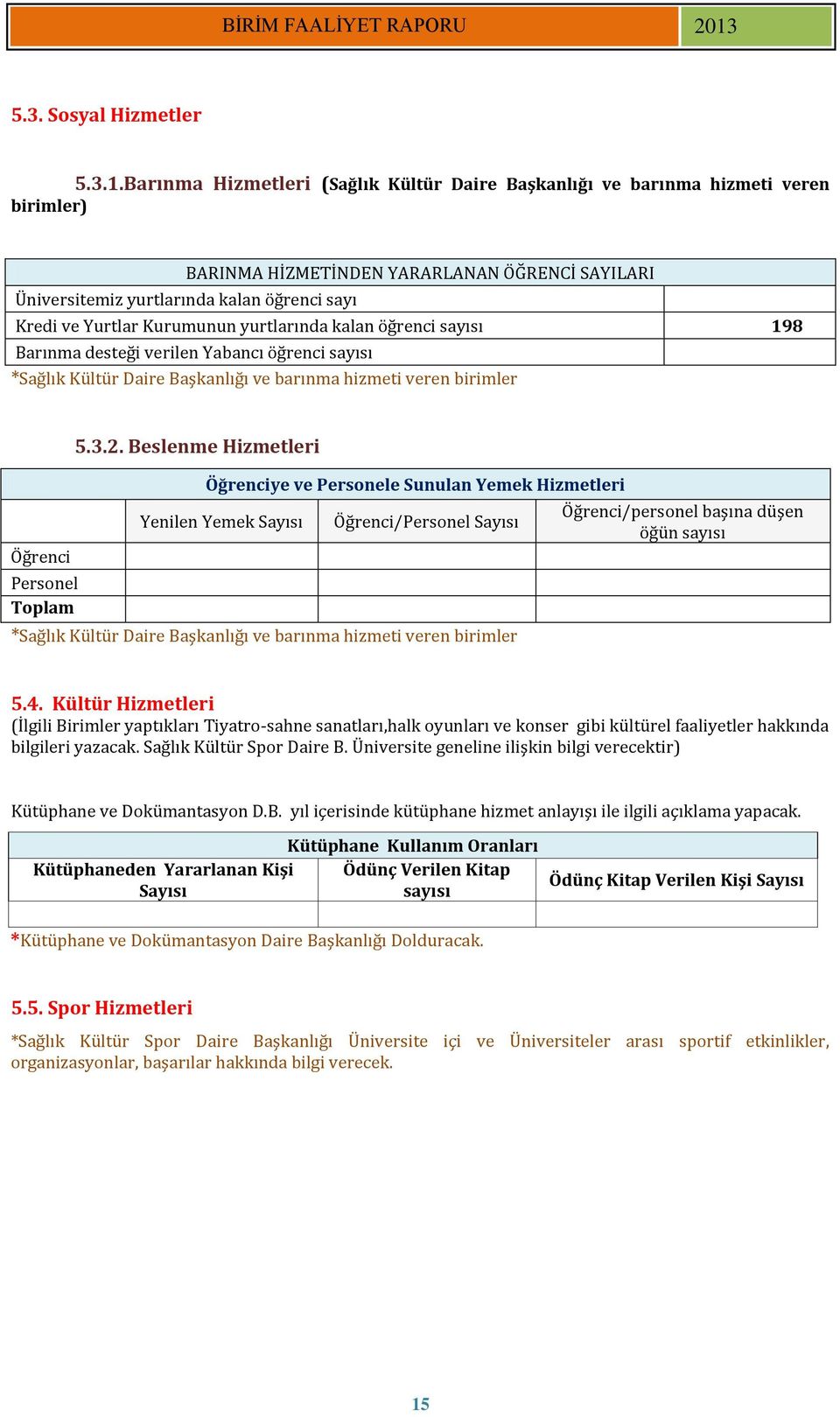 Kurumunun yurtlarında kalan öğrenci sayısı 198 Barınma desteği verilen Yabancı öğrenci sayısı *Sağlık Kültür Daire Başkanlığı ve barınma hizmeti veren birimler Öğrenci Personel Toplam 5.3.2.