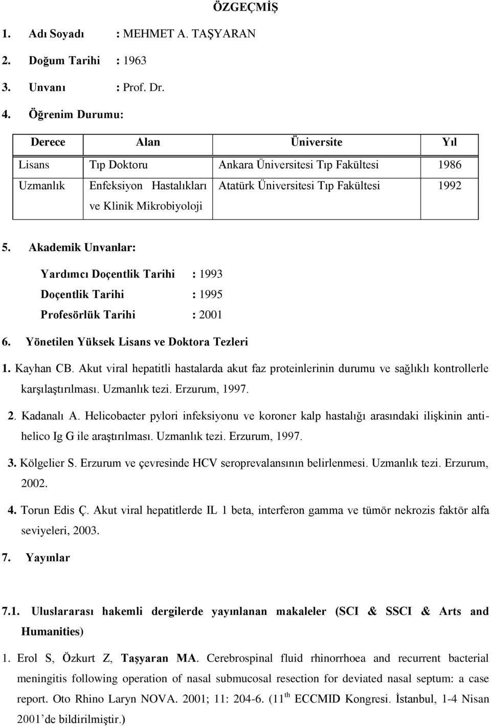 Akademik Unvanlar: Yardımcı Doçentlik Tarihi : 1993 Doçentlik Tarihi : 1995 Profesörlük Tarihi : 2001 6. Yönetilen Yüksek Lisans ve Doktora Tezleri 1. Kayhan CB.