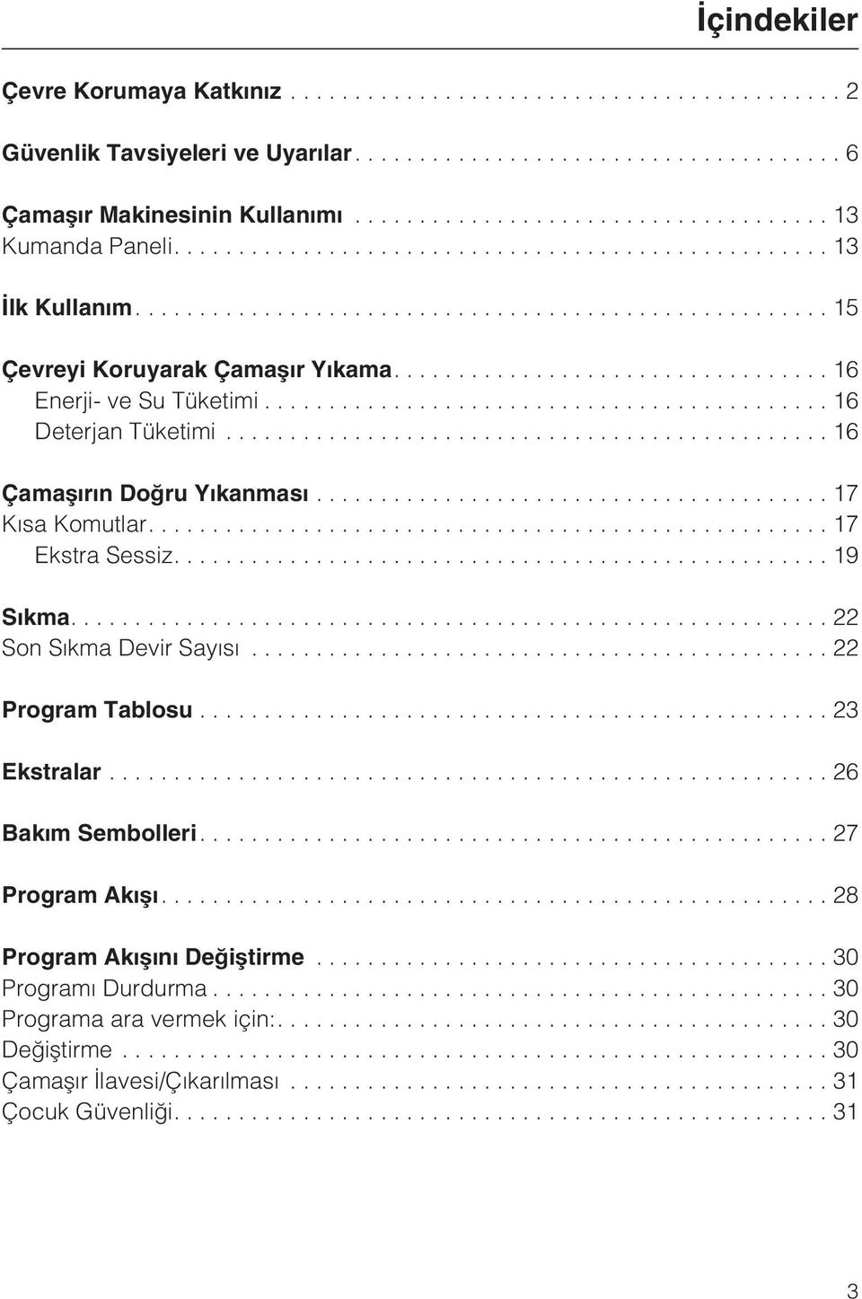 ...17 Ekstra Sessiz....19 Sýkma....22 Son Sýkma Devir Sayýsý...22 Program Tablosu...23 Ekstralar...26 Bakým Sembolleri....27 Program Akýþý.