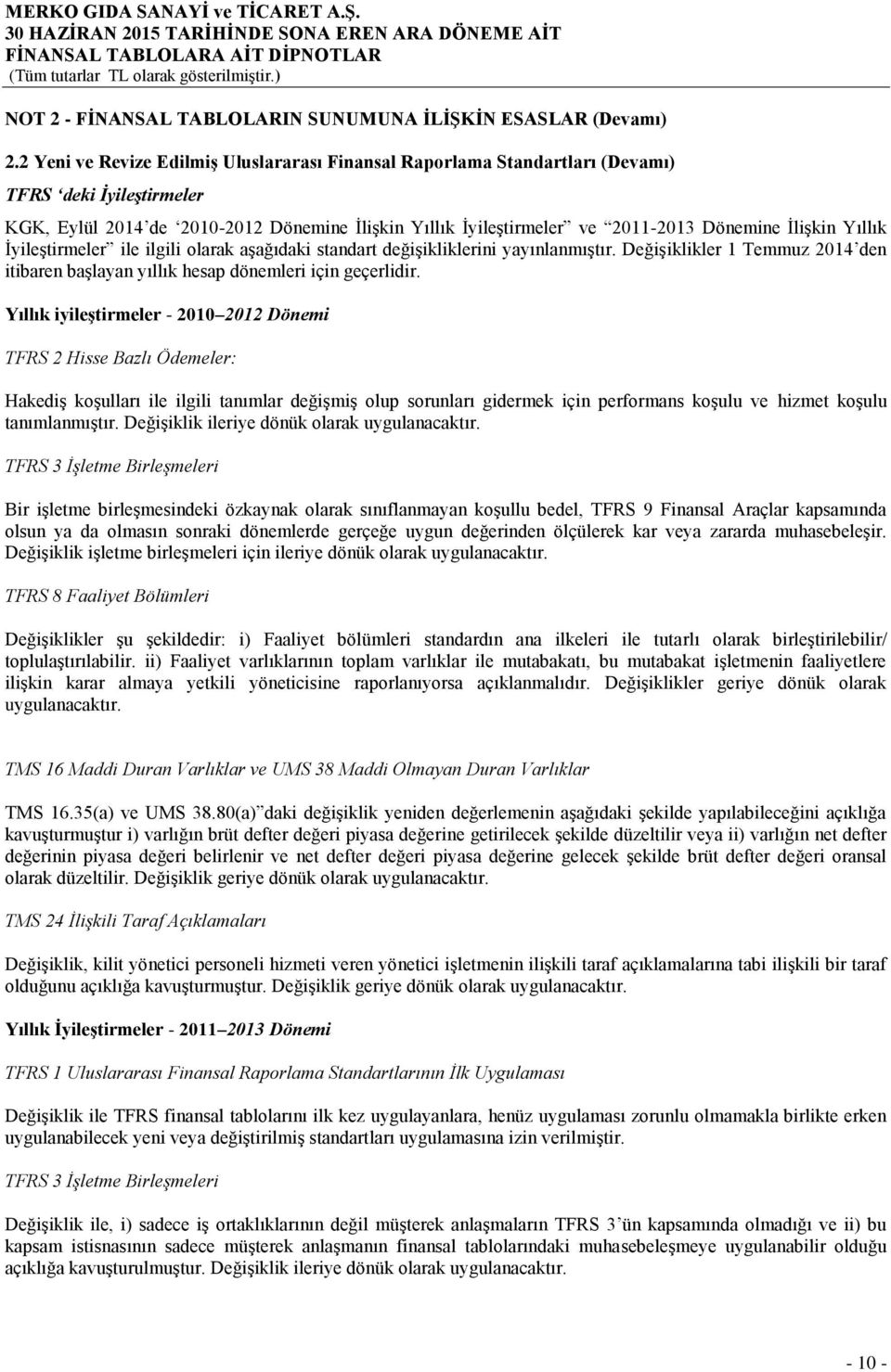 ĠliĢkin Yıllık ĠyileĢtirmeler ile ilgili olarak aģağıdaki standart değiģikliklerini yayınlanmıģtır. DeğiĢiklikler 1 Temmuz 2014 den itibaren baģlayan yıllık hesap dönemleri için geçerlidir.