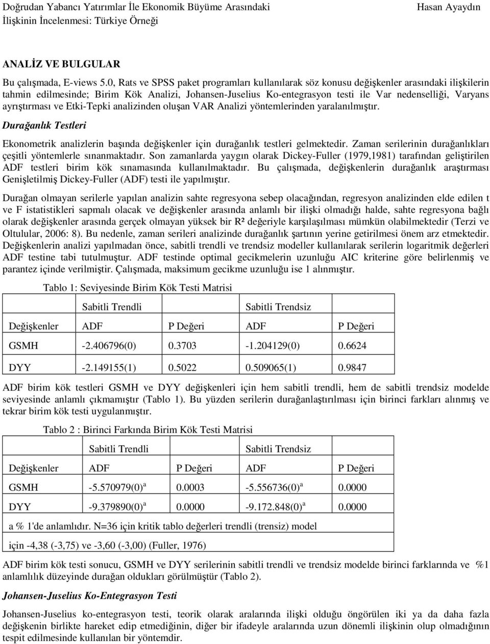 Varyans ayrıştırması ve Etki-Tepki analizinden oluşan VAR Analizi yöntemlerinden yaralanılmıştır. Durağanlık Testleri Ekonometrik analizlerin başında değişkenler için durağanlık testleri gelmektedir.