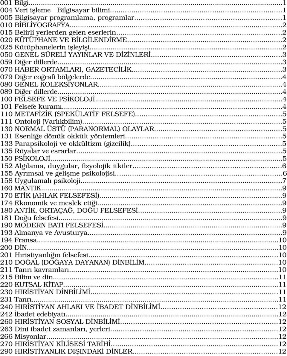 ..4 089 Di er dillerde...4 100 FELSEFE VE PS KOLOJ...4 101 Felsefe kuram...4 110 METAF Z K (SPEKÜLAT F FELSEFE)...5 111 Ontoloji (Varl kbilim)...5 130 NORMAL ÜSTÜ (PARANORMAL) OLAYLAR.