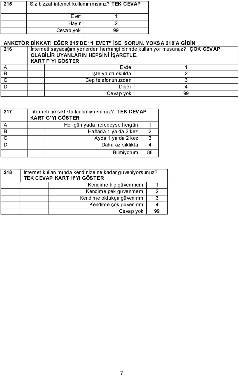 KART F YI GÖSTER A Evde 1 B ĠĢte ya da okulda 2 C Cep telefonunuzdan 3 D Diğer 4 Cevap yok 99 217 Ġnterneti ne sıklıkta kullanıyorsunuz?