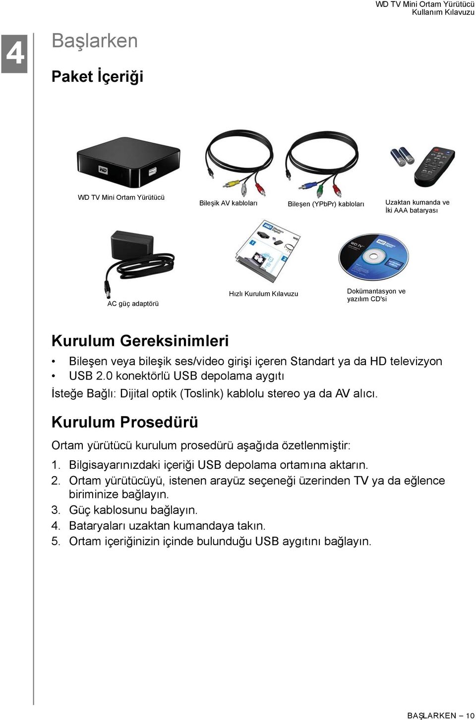 0 konektörlü USB depolama aygıtı İsteğe Bağlı: Dijital optik (Toslink) kablolu stereo ya da AV alıcı. Kurulum Prosedürü Ortam yürütücü kurulum prosedürü aşağıda özetlenmiştir: 1.