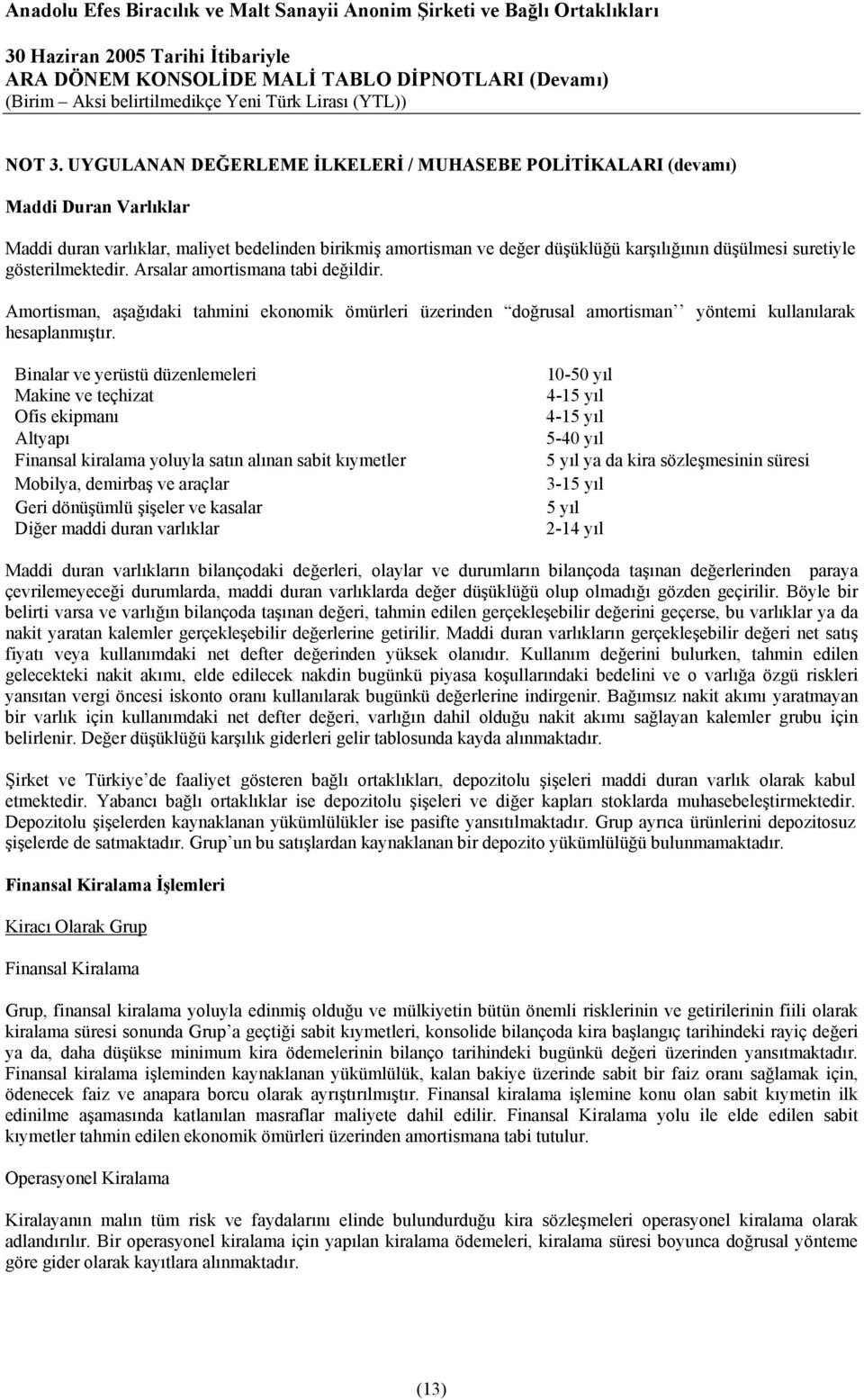 gösterilmektedir. Arsalar amortismana tabi değildir. Amortisman, aşağıdaki tahmini ekonomik ömürleri üzerinden doğrusal amortisman yöntemi kullanılarak hesaplanmıştır.