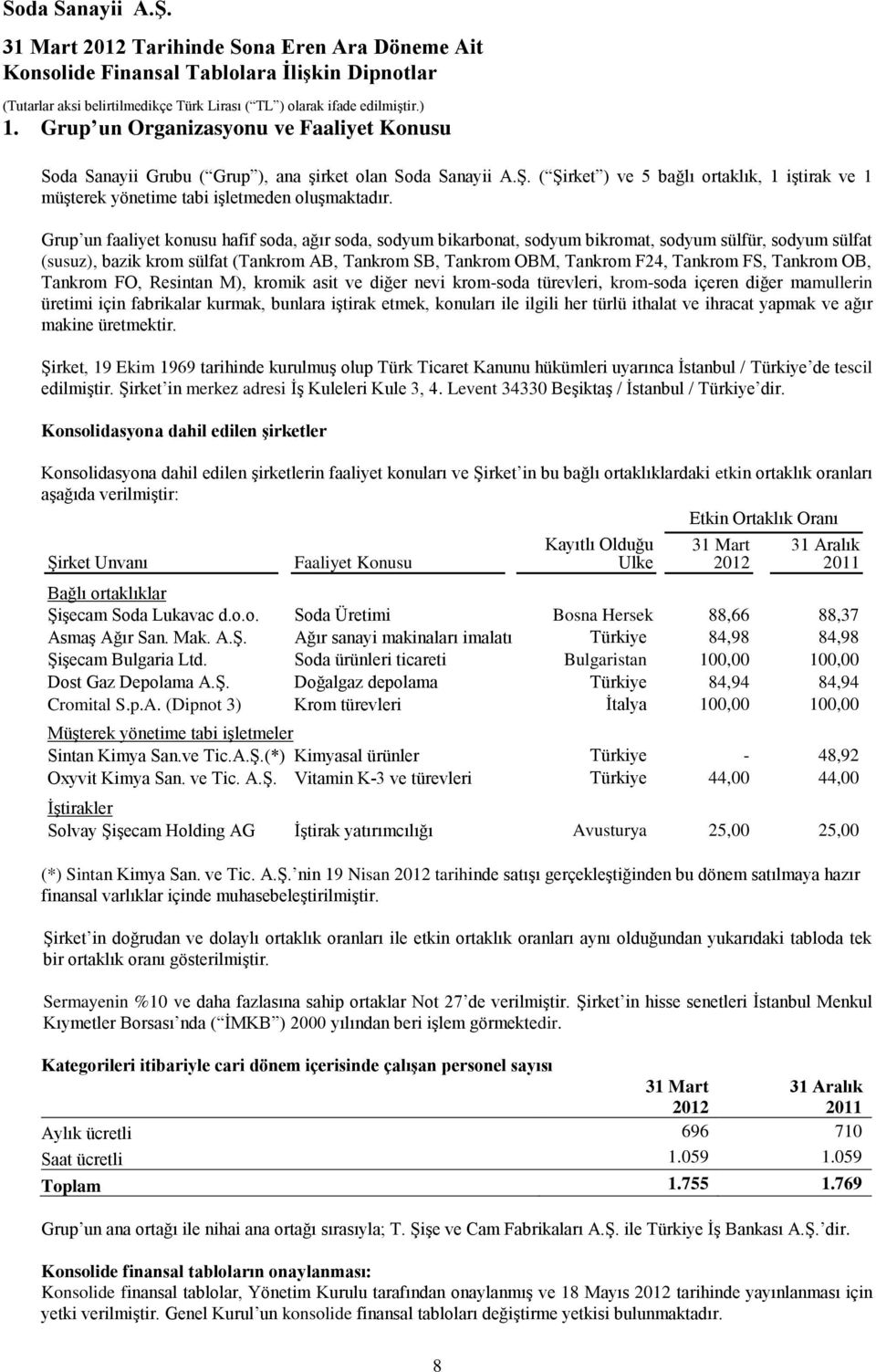 Grup un faaliyet konusu hafif soda, ağır soda, sodyum bikarbonat, sodyum bikromat, sodyum sülfür, sodyum sülfat (susuz), bazik krom sülfat (Tankrom AB, Tankrom SB, Tankrom OBM, Tankrom F24, Tankrom