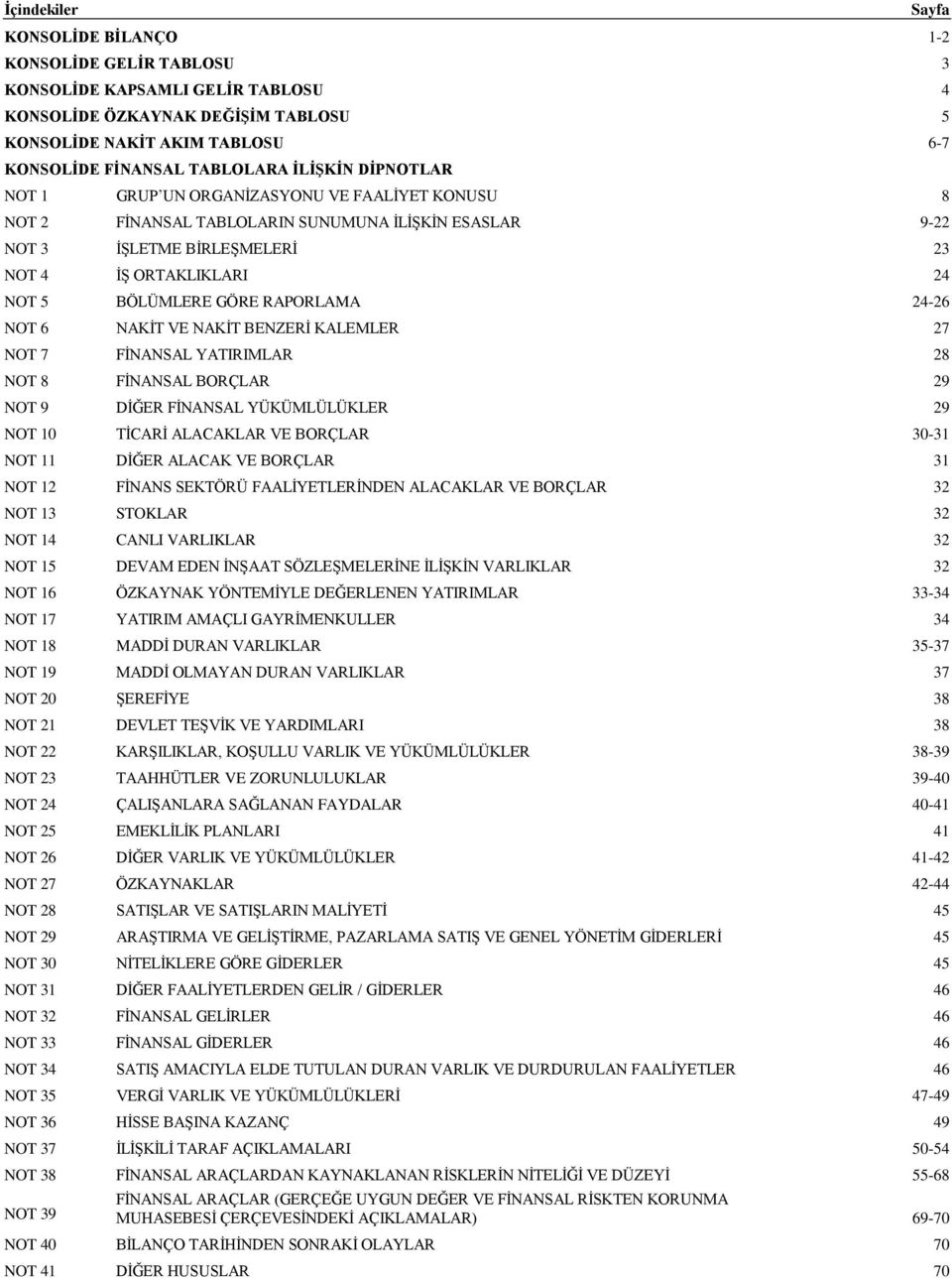 RAPORLAMA 24-26 NOT 6 NAKİT VE NAKİT BENZERİ KALEMLER 27 NOT 7 FİNANSAL YATIRIMLAR 28 NOT 8 FİNANSAL BORÇLAR 29 NOT 9 DİĞER FİNANSAL YÜKÜMLÜLÜKLER 29 NOT 10 TİCARİ ALACAKLAR VE BORÇLAR 30-31 NOT 11