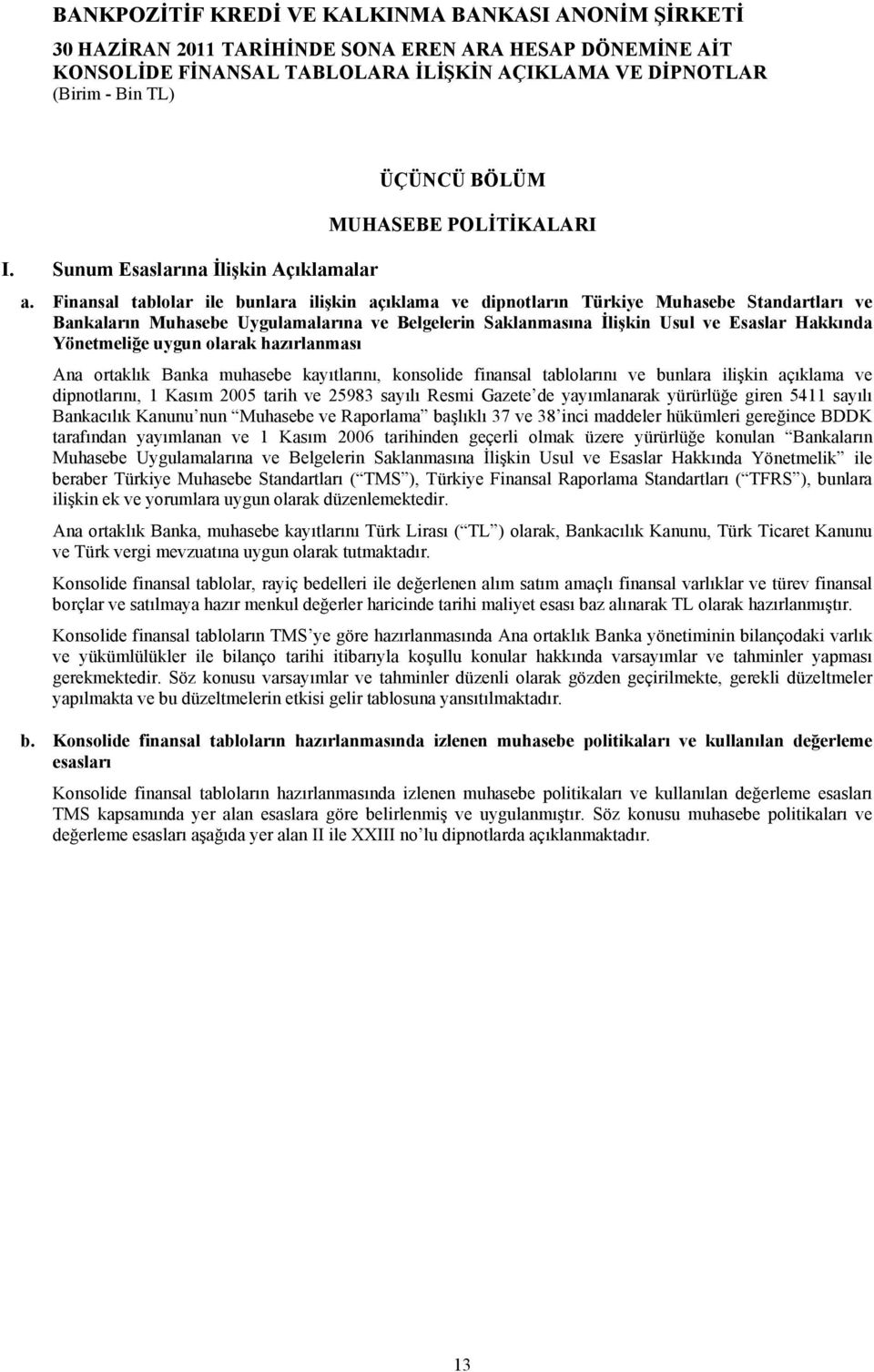 Yönetmeliğe uygun olarak hazırlanması Ana ortaklık Banka muhasebe kayıtlarını, konsolide finansal tablolarını ve bunlara ilişkin açıklama ve dipnotlarını, 1 Kasım 2005 tarih ve 25983 sayılı Resmi