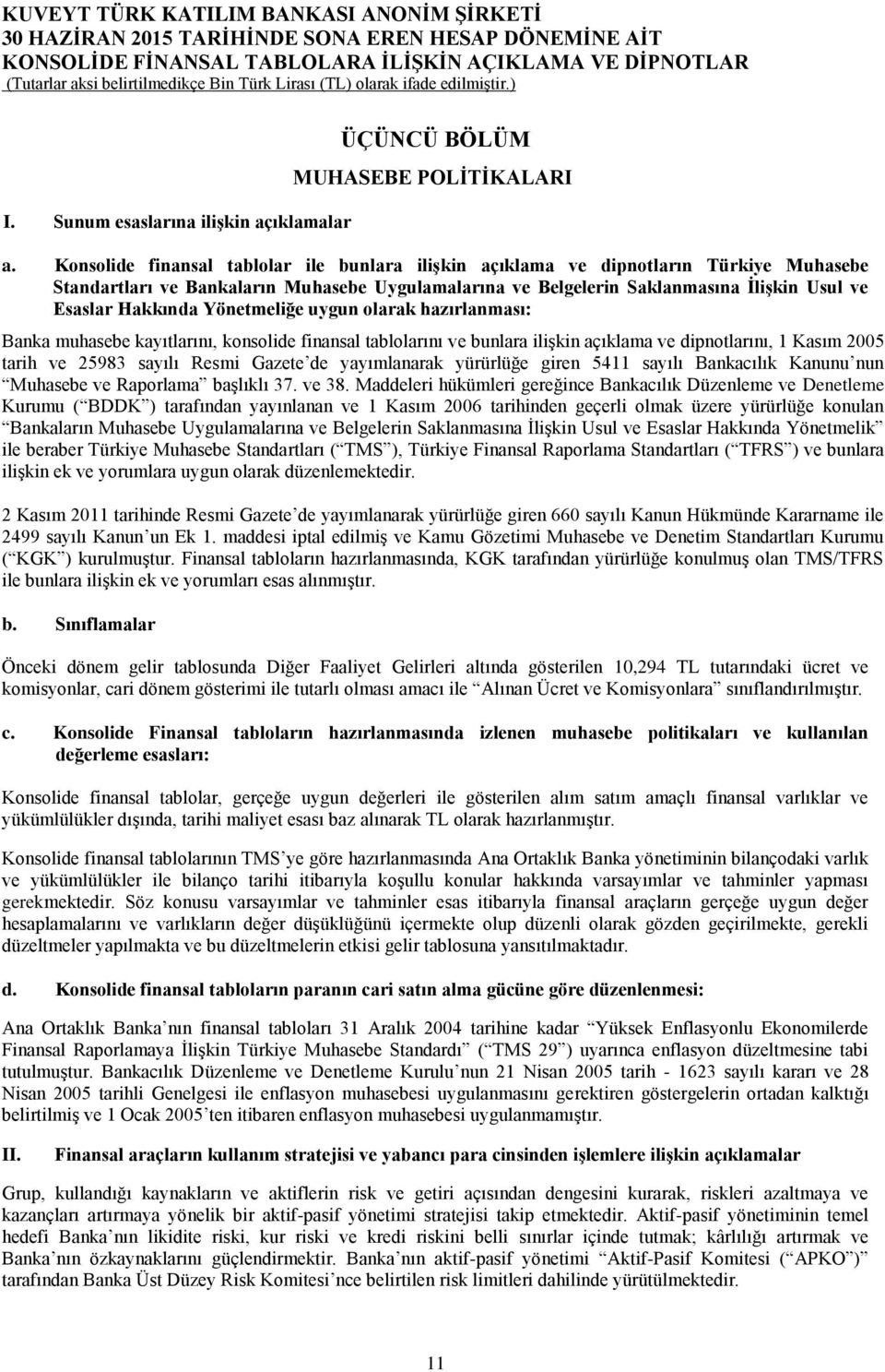 Yönetmeliğe uygun olarak hazırlanması: Banka muhasebe kayıtlarını, konsolide finansal tablolarını ve bunlara ilişkin açıklama ve dipnotlarını, 1 Kasım 2005 tarih ve 25983 sayılı Resmi Gazete de