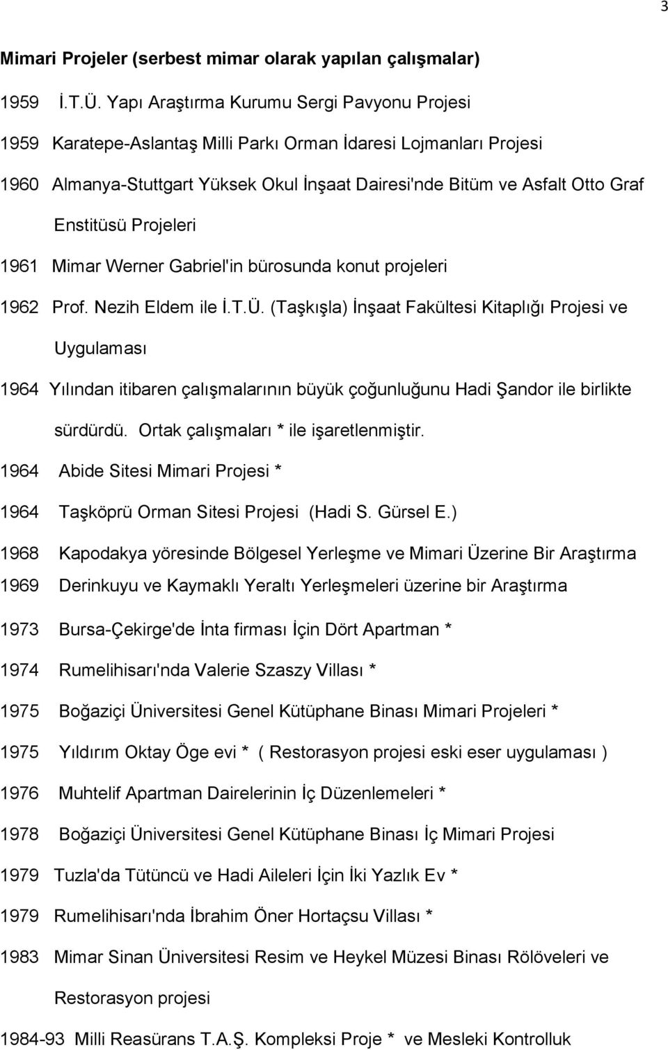 Enstitüsü Projeleri 1961 Mimar Werner Gabriel'in bürosunda konut projeleri 1962 Prof. Nezih Eldem ile Ġ.T.Ü.