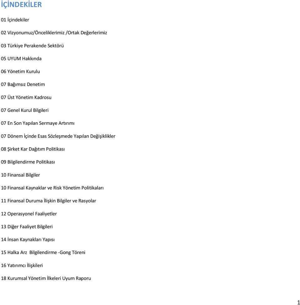 Bilgilendirme Politikası 10 Finansal Bilgiler 10 Finansal Kaynaklar ve Risk Yönetim Politikaları 11 Finansal Duruma İlişkin Bilgiler ve Rasyolar 12 Operasyonel