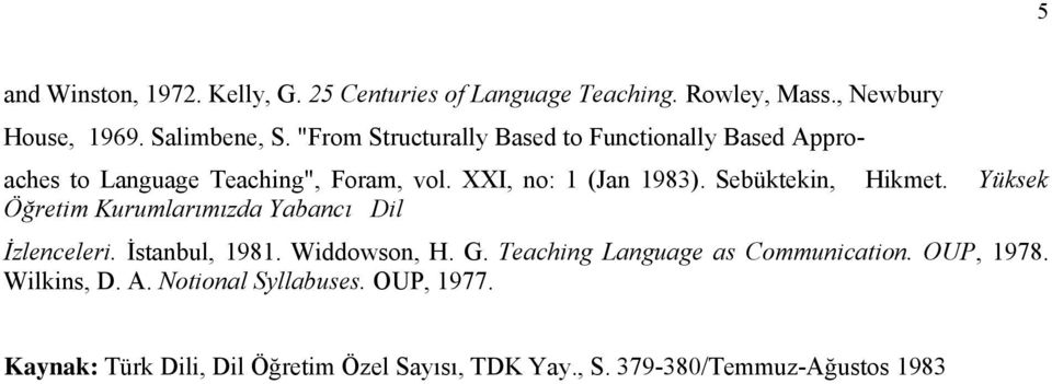 Sebüktekin, Hikmet. Yüksek Öğretim Kurumlarımızda Yabancı Dil İzlenceleri. İstanbul, 1981. Widdowson, H. G.