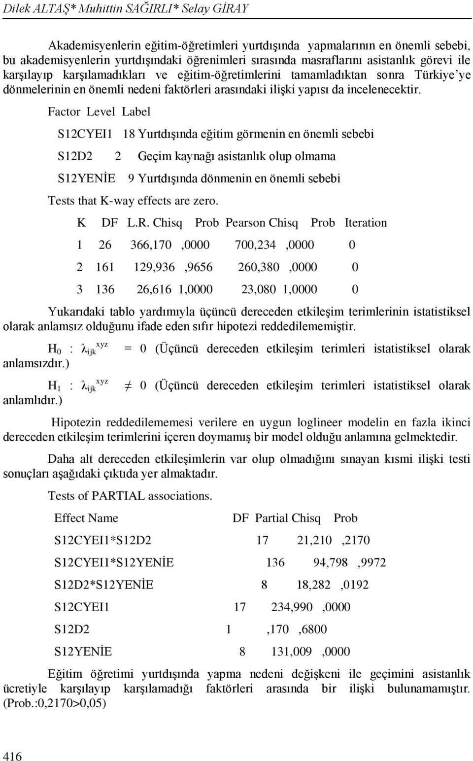 Factor Level Label S12CYEI1 18 Yurtdışında eğitim görmenin en önemli sebebi S12D2 2 Geçim kaynağı asistanlık olup olmama S12YENİE 9 Yurtdışında dönmenin en önemli sebebi Tests that K-way effects are