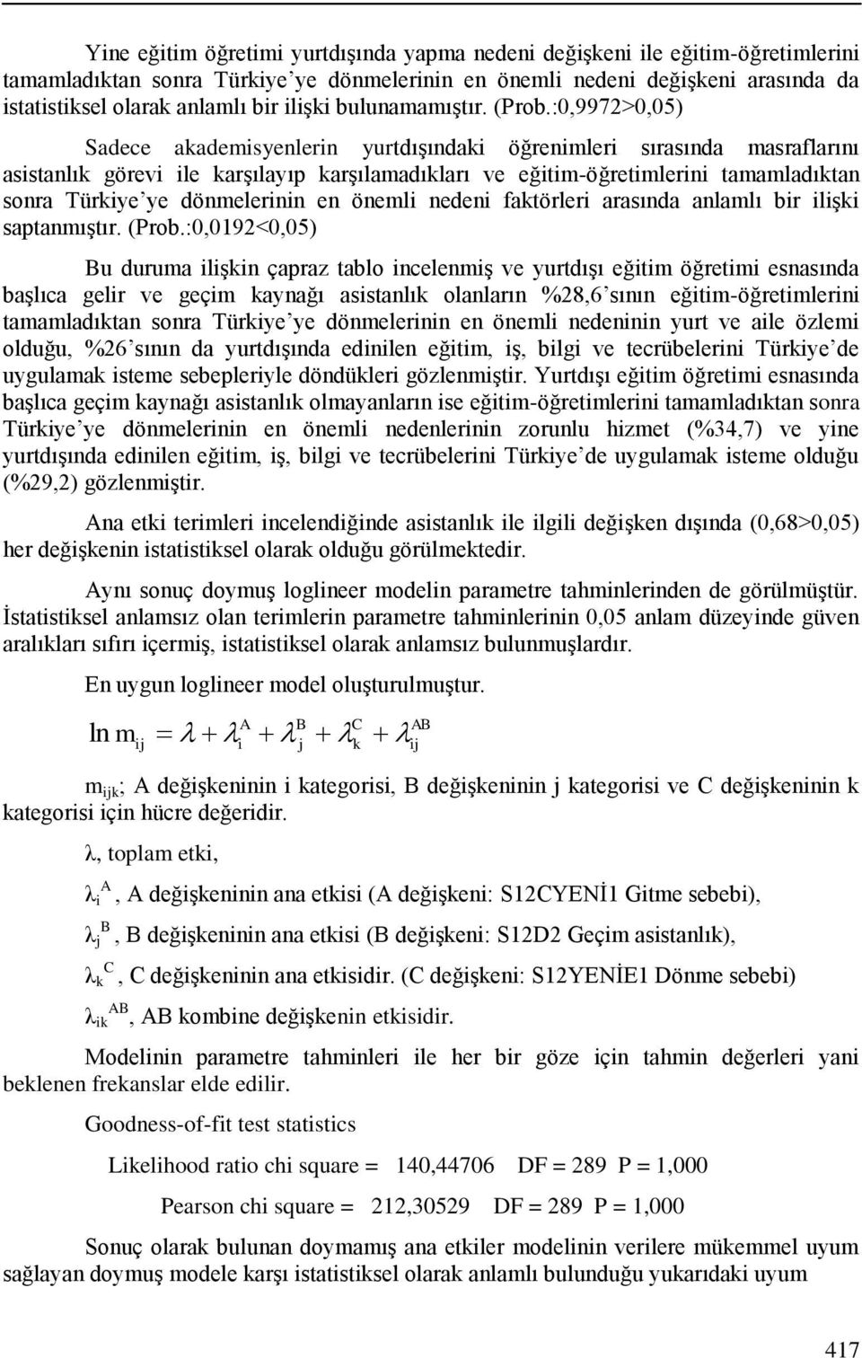 :0,9972>0,05) Sadece akademisyenlerin yurtdışındaki öğrenimleri sırasında masraflarını asistanlık görevi ile karşılayıp karşılamadıkları ve eğitim-öğretimlerini tamamladıktan sonra Türkiye ye