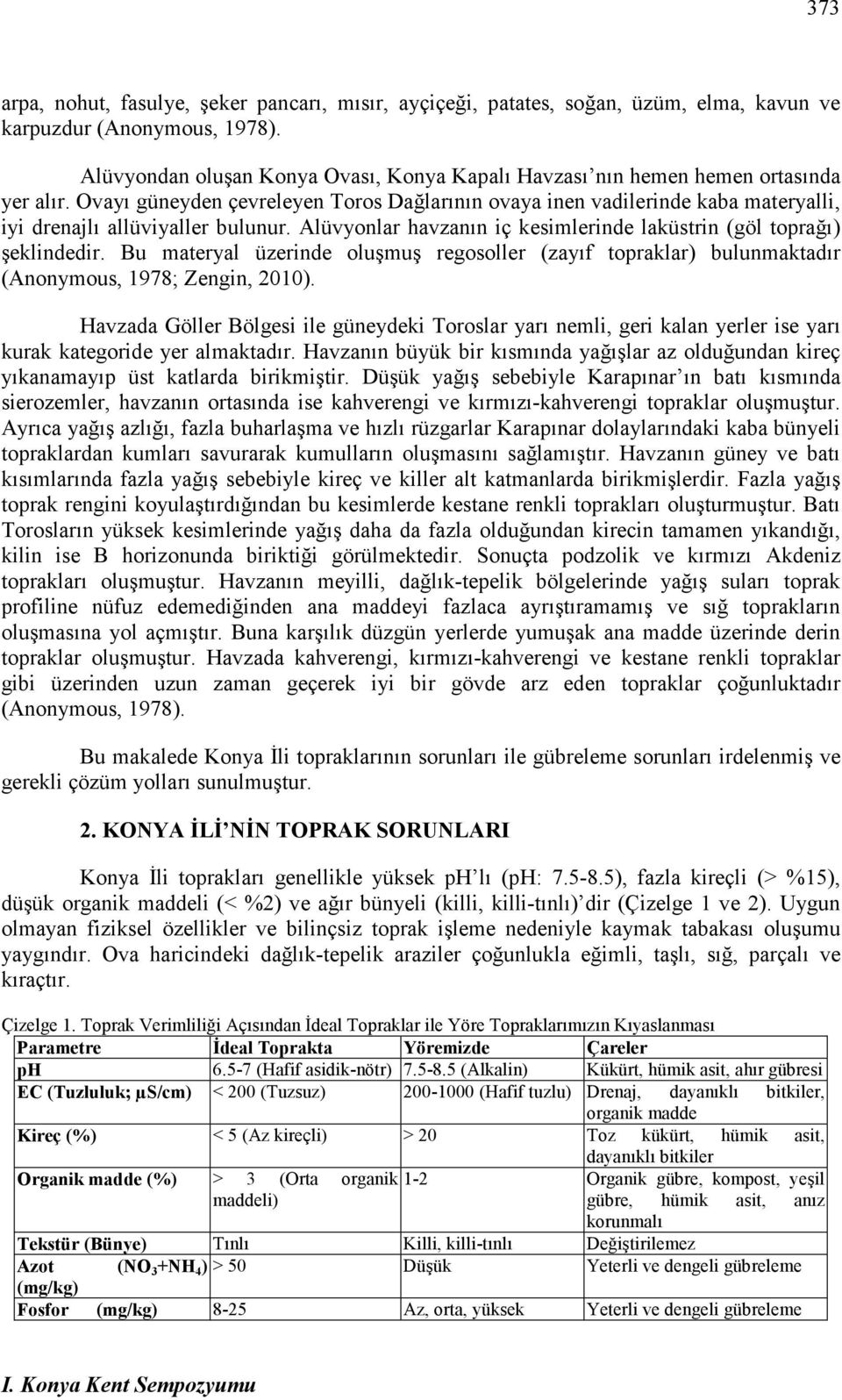 Ovayı güneyden çevreleyen Toros Dağlarının ovaya inen vadilerinde kaba materyalli, iyi drenajlı allüviyaller bulunur. Alüvyonlar havzanın iç kesimlerinde laküstrin (göl toprağı) şeklindedir.