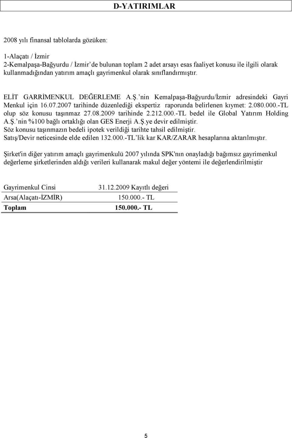 2007 tarihinde düzenlediği ekspertiz raporunda belirlenen kıymet: 2.080.000.-TL olup söz konusu taşınmaz 27.08.2009 tarihinde 2.212.000.-TL bedel ile Global Yatırım Holding A.Ş.