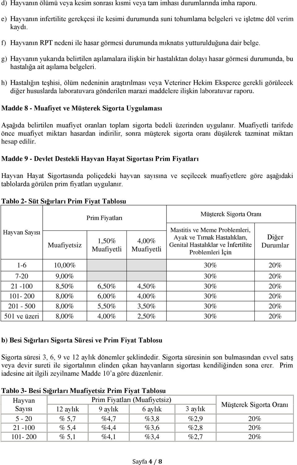 g) Hayvanın yukarıda belirtilen aşılamalara ilişkin bir hastalıktan dolayı hasar görmesi durumunda, bu hastalığa ait aşılama belgeleri.