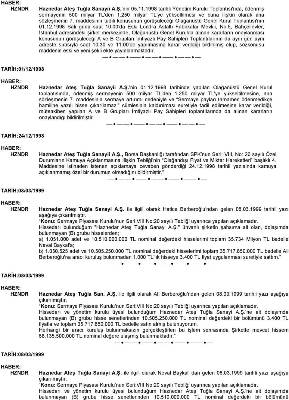 5, Bahçelievler, İstanbul adresindeki şirket merkezinde, Olağanüstü Genel Kurulda alınan kararların onaylanması konusunun görüşüleceği A ve B Grupları İmtiyazlı Pay Sahipleri Toplantılarının da aynı