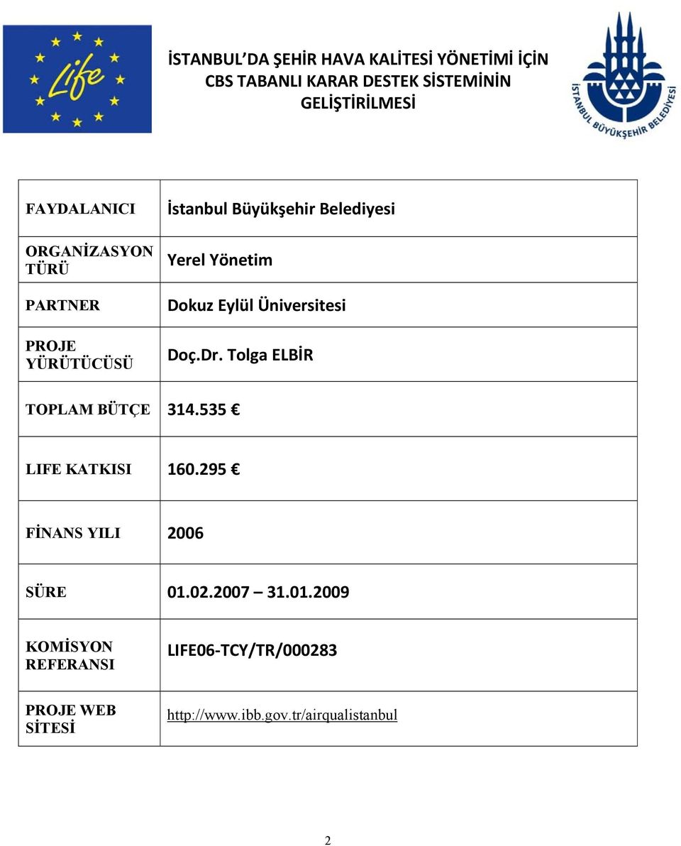 Eylül Üniversitesi Doç.Dr. Tolga ELBİR TOPLAM BÜTÇE 314.535 LIFE KATKISI 160.295 FİNANS YILI 2006 SÜRE 01.