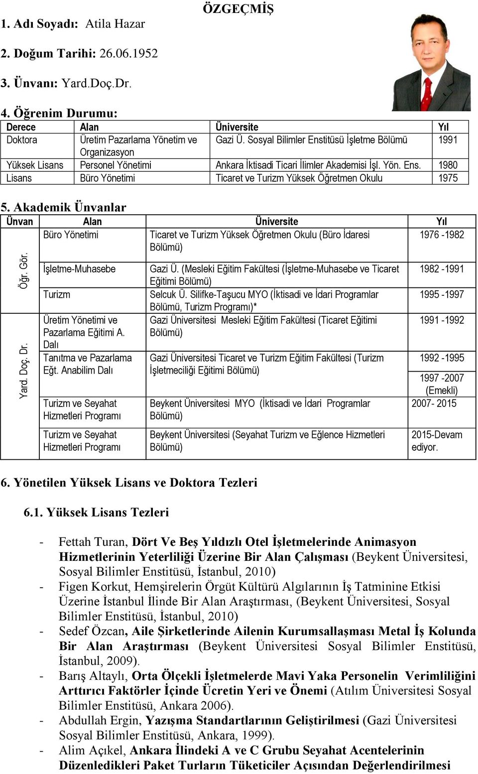 Sosyal Bilimler Enstitüsü İşletme Bölümü 1991 Organizasyon Yüksek Lisans Personel Yönetimi Ankara İktisadi Ticari İlimler Akademisi İşl. Yön. Ens. 1980 Lisans Büro Yönetimi Ticaret ve Turizm Yüksek Öğretmen Okulu 1975 5.