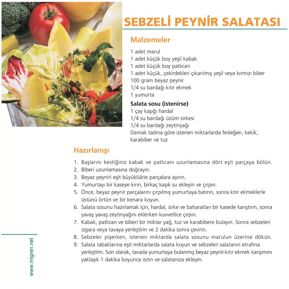 yumurta Salata sosu (istenirse) 1 çay kafl hardal 1/4 su barda üzüm sirkesi 1/4 su barda zeytinya Damak tad na göre istenen miktarlarda fesle en, kekik, karabiber ve tuz 1.