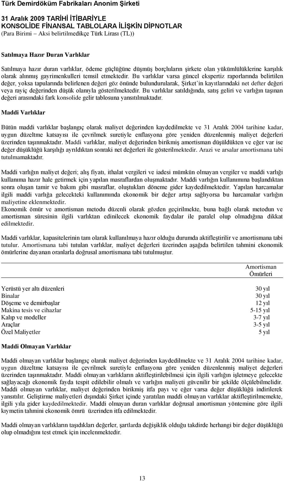 düģük olanıyla gösterilmektedir. Bu varlıklar satıldığında, satıģ geliri ve varlığın taģınan değeri arasındaki fark konsolide gelir tablosuna yansıtılmaktadır.