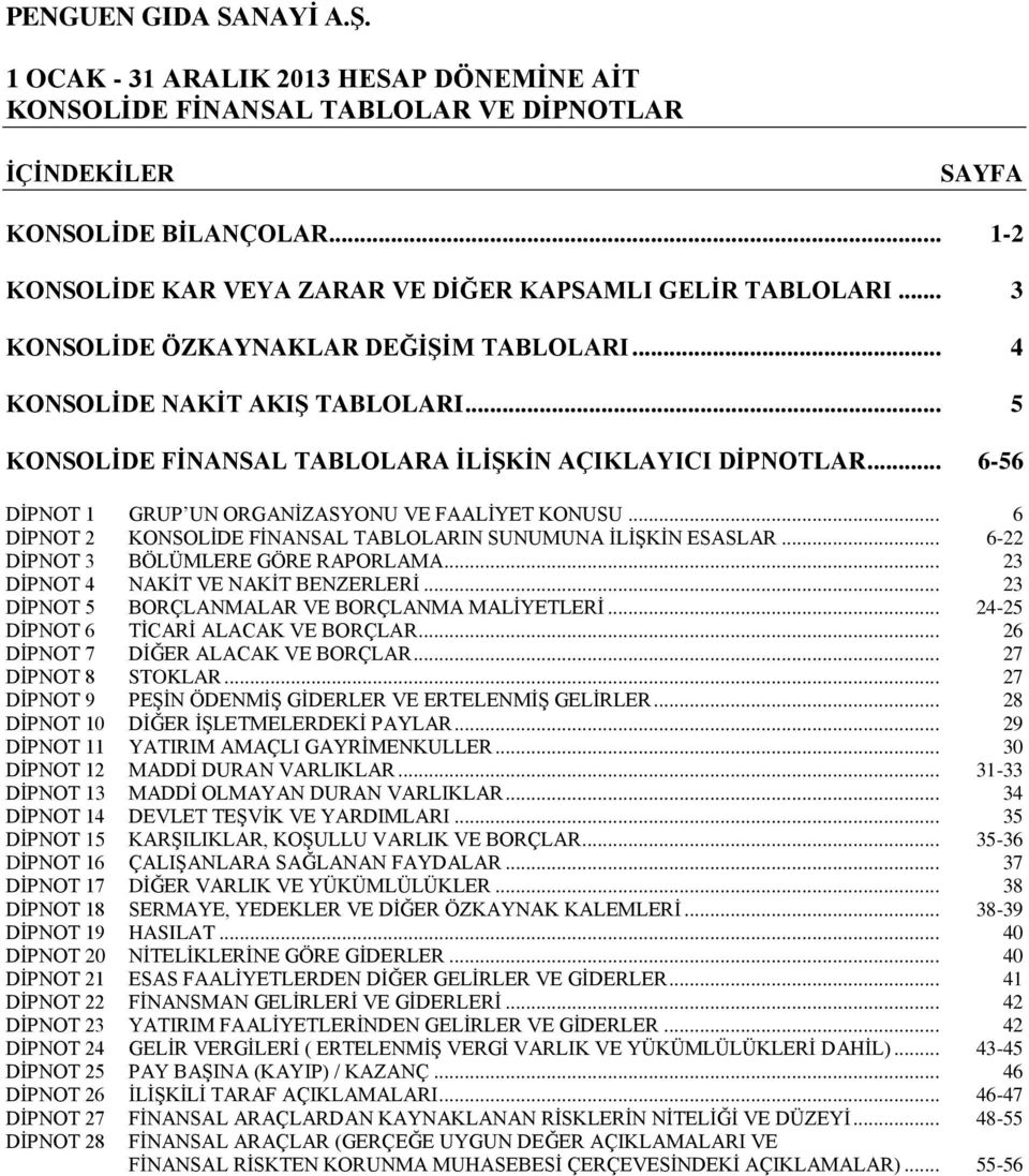 .. 6 DİPNOT 2 KONSOLİDE FİNANSAL TABLOLARIN SUNUMUNA İLİŞKİN ESASLAR... 6-22 DİPNOT 3 BÖLÜMLERE GÖRE RAPORLAMA... 23 DİPNOT 4 NAKİT VE NAKİT BENZERLERİ.