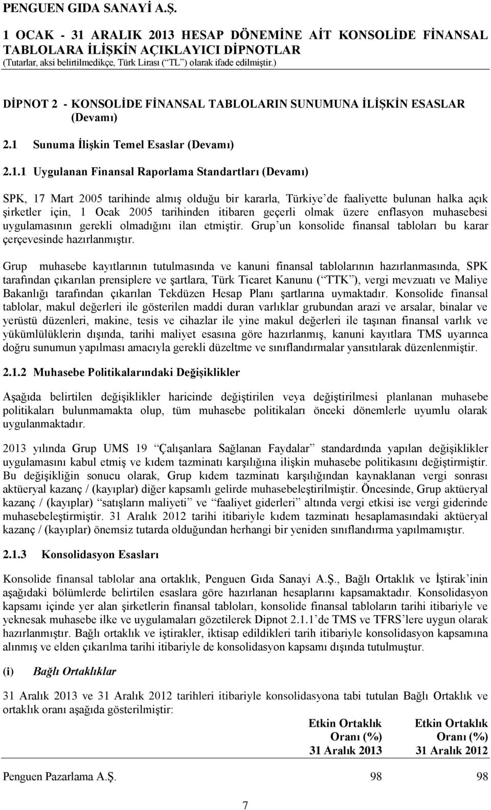 1 Uygulanan Finansal Raporlama Standartları (Devamı) SPK, 17 Mart 2005 tarihinde almış olduğu bir kararla, Türkiye de faaliyette bulunan halka açık şirketler için, 1 Ocak 2005 tarihinden itibaren