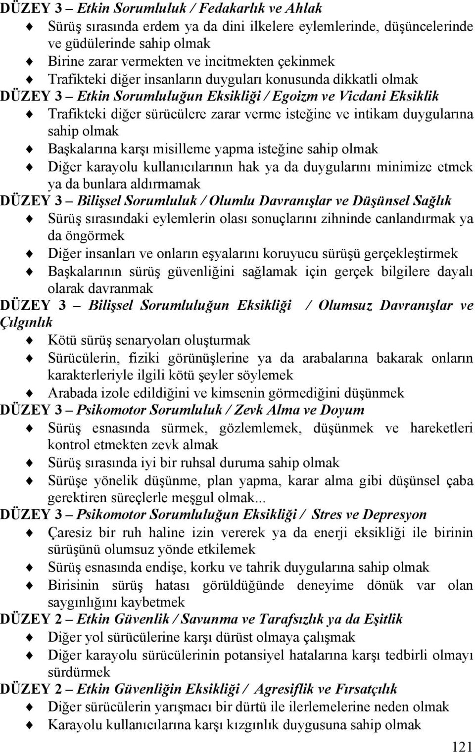 misilleme yapma isteğine sahip olma Diğer arayolu ullanclarnn ha ya da duygularn minimize etme ya da bunlara aldrmama DÜZEY 3 Bilişsel Sorumlulu / Olumlu Davranşlar ve Düşünsel Sağl Sürüş srasndai