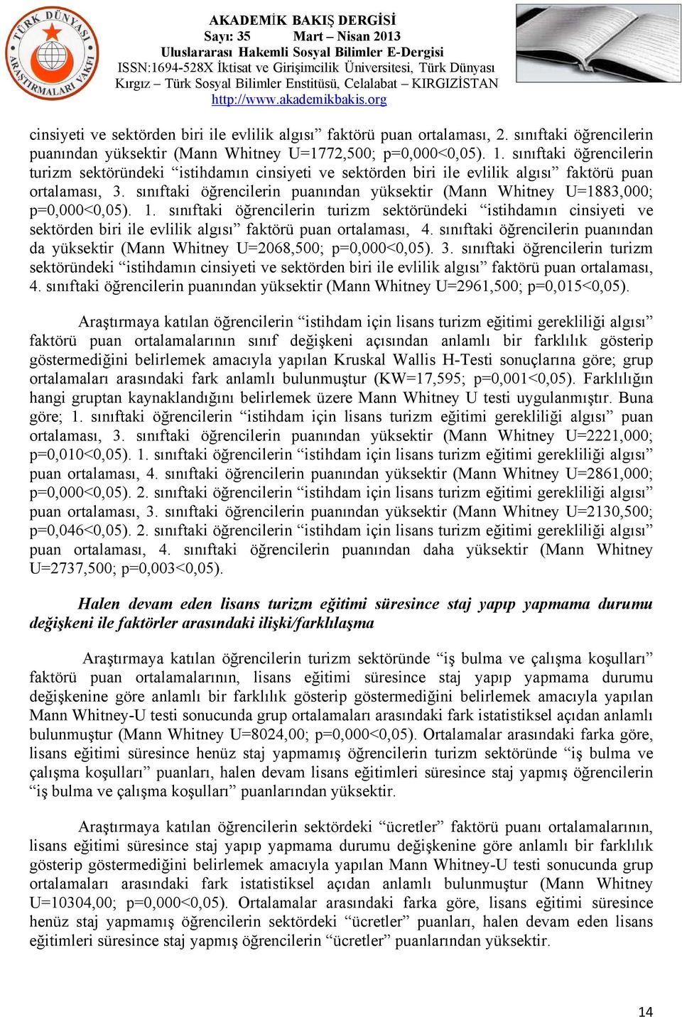 sınıftaki öğrencilerin puanından yüksektir (Mann Whitney U=1883,000; p=0,000<0,05). 1.