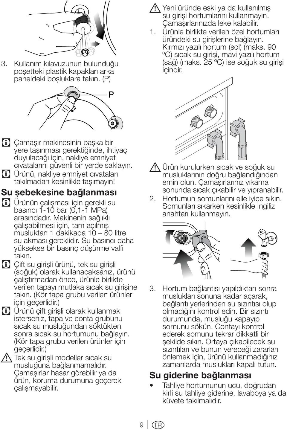 25 ºC) ise soğuk su girişi içindir. C Çamaşır makinesinin başka bir yere taşınması gerektiğinde, ihtiyaç duyulacağı için, nakliye emniyet cıvatalarını güvenli bir yerde saklayın.