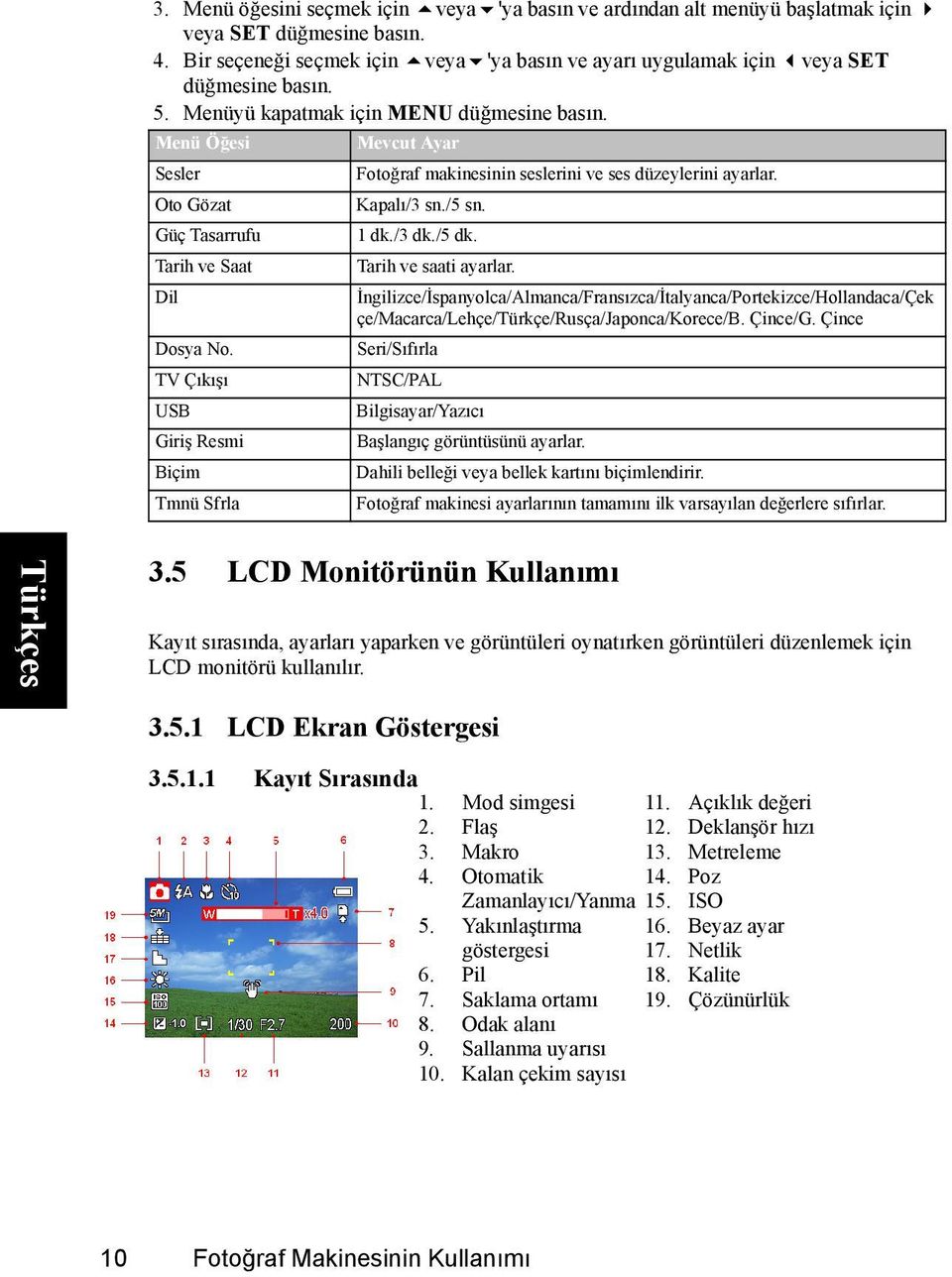 TV Çıkışı USB Giriş Resmi Biçim Tmnü Sfrla Mevcut Ayar Fotoğraf makinesinin seslerini ve ses düzeylerini ayarlar. Kapalı/3 sn./5 sn. 1 dk./3 dk./5 dk. Tarih ve saati ayarlar.