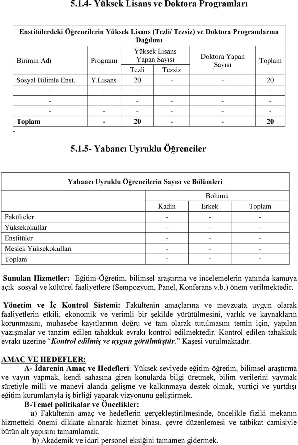 5- Yabancı Uyruklu Öğrenciler Yabancı Uyruklu Öğrencilerin Sayısı ve Bölümleri Bölümü Kadın Erkek Toplam Fakülteler - Yüksekokullar - Enstitüler - Meslek Yüksekokulları - Toplam - Sunulan Hizmetler: